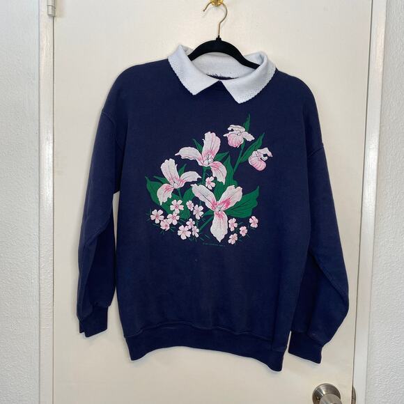 Vintage 90s Collared Grandma Sweatshirt Bloom Floral Bouquet Navy Small Medium - Picture 1 of 11